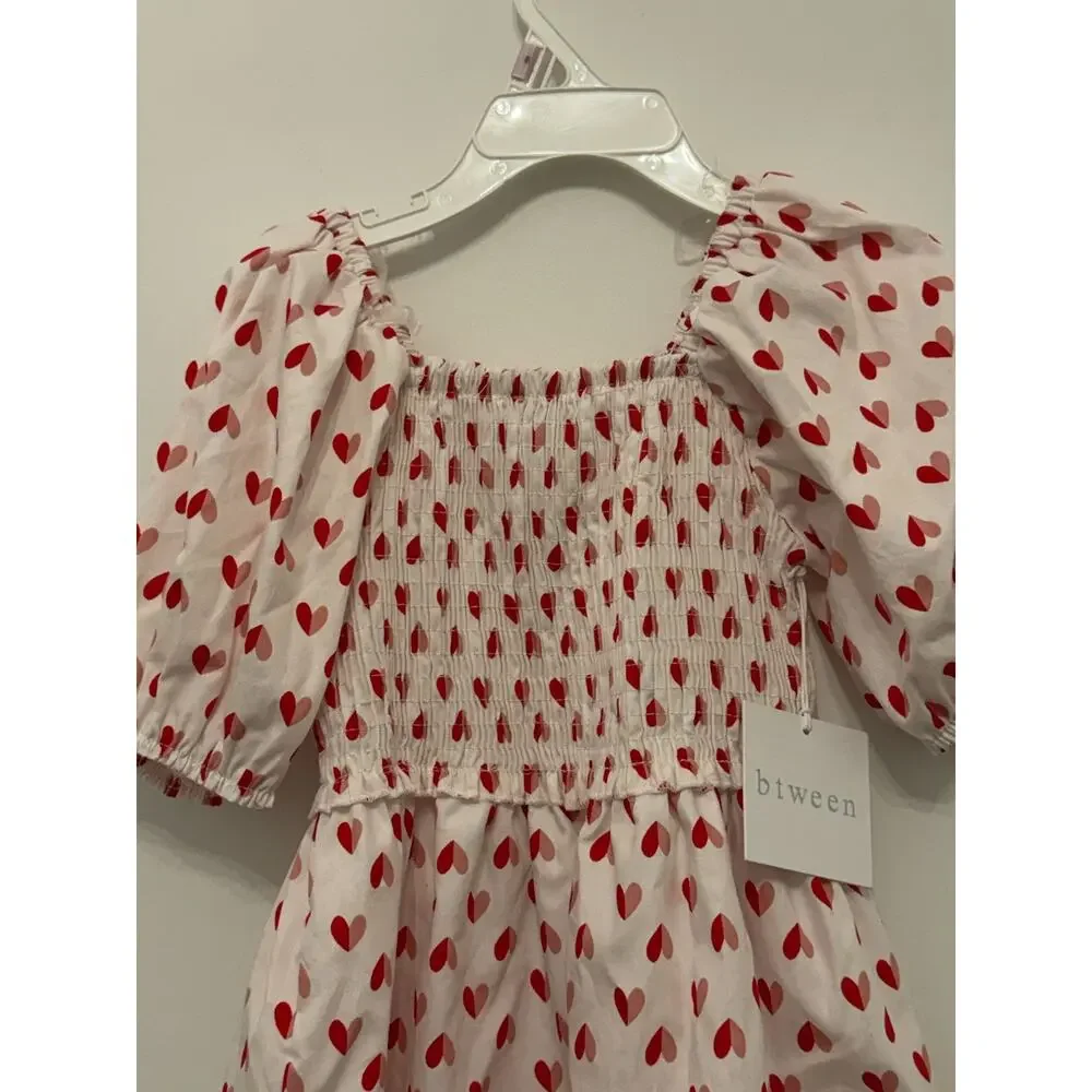 Girls Red & White Smocked Heart Print Dress With Puff Sleeves Btween Size 6